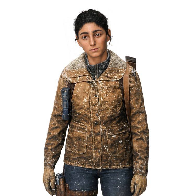 Person wearing a brown textured jacket with a white background
