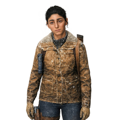Person wearing a brown textured jacket with a white background