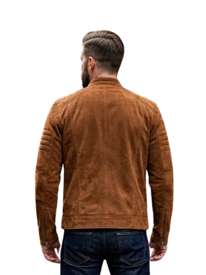 Man wearing a brown suede jacket on a white background