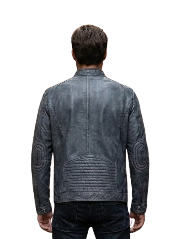 Man wearing a gray leather jacket on a white background