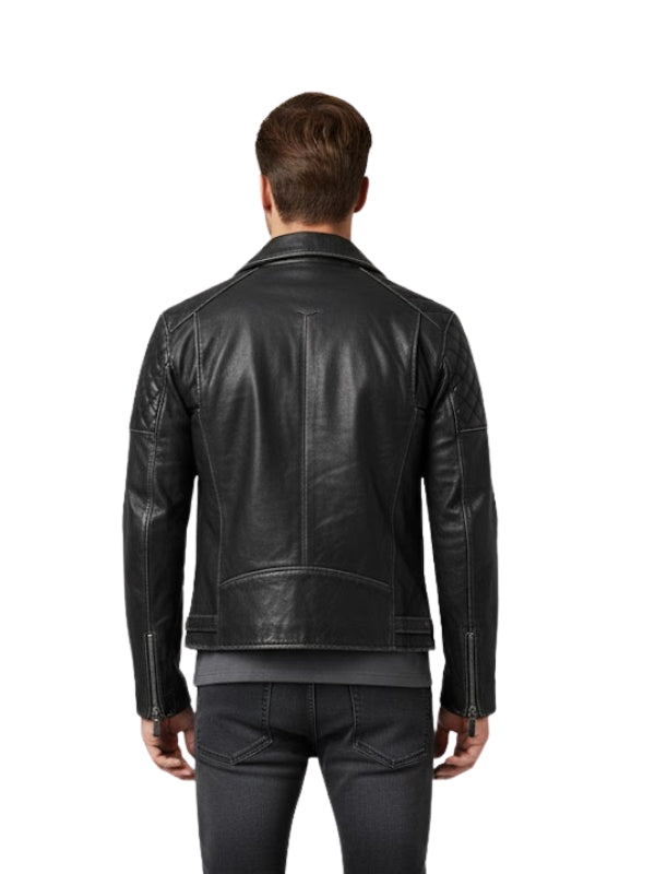 Distressed Black Leather Motorcycle Jacket For Men