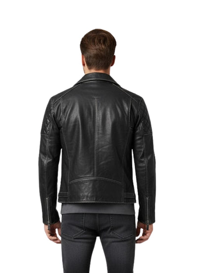 Distressed Black Leather Motorcycle Jacket For Men