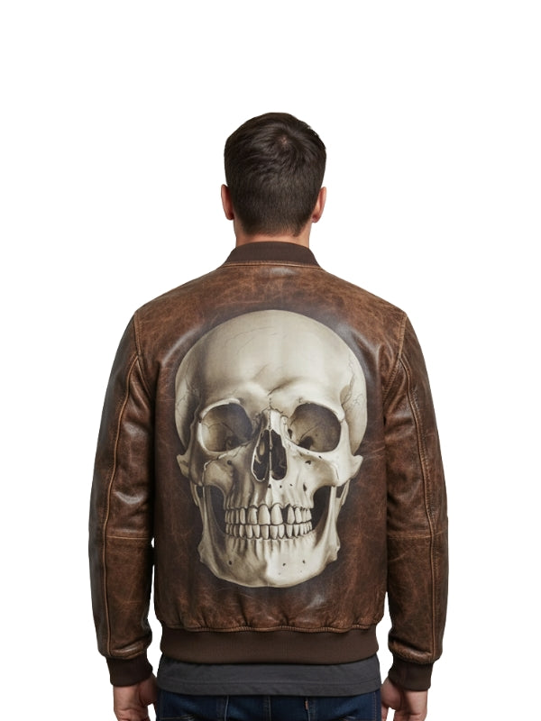 Man wearing a brown leather jacket with a skull design on the back against a white background
