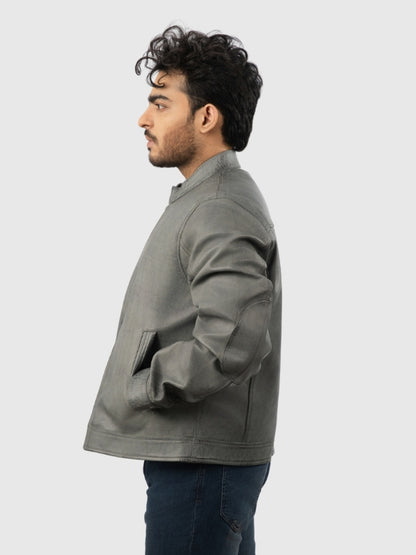 Man wearing a gray jacket on a white background