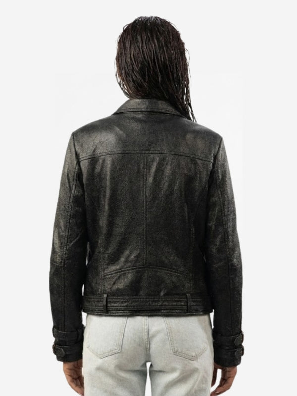 Women’s Belted Leather Biker Jacket - Double Breasted Style