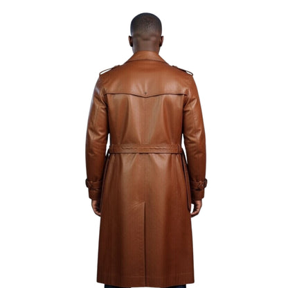 Man wearing a brown leather trench coat on a white background
