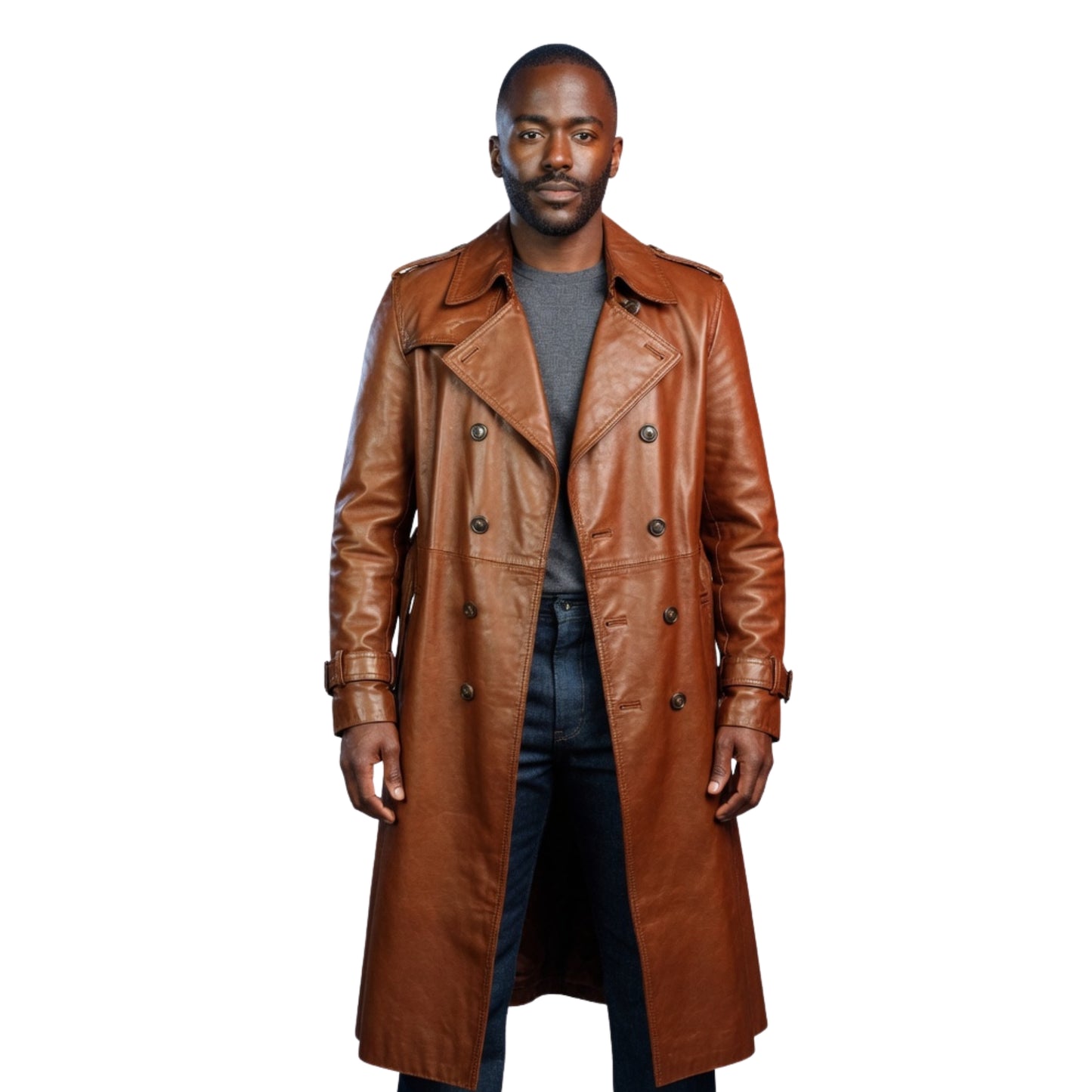 Man wearing a brown leather coat on a white background
