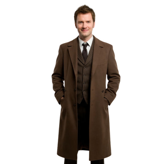 Man wearing a brown overcoat and suit on a white background