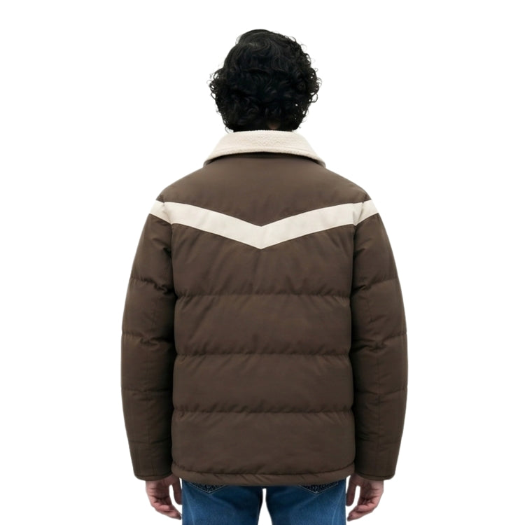 Brown puffer jacket with white accents on a white background