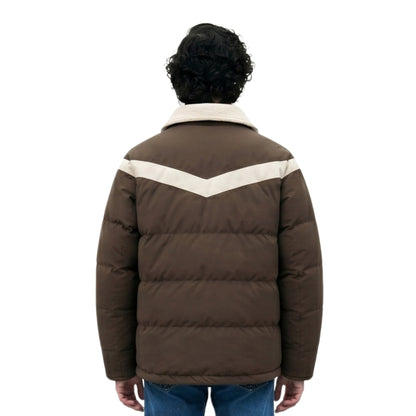 Brown puffer jacket with white accents on a white background