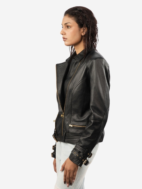 Women’s Belted Leather Biker Jacket - Double Breasted Style