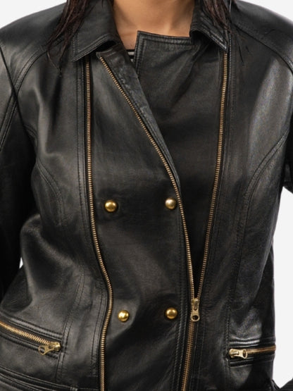 Women’s Belted Leather Biker Jacket - Double Breasted Style