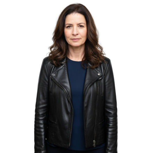 Woman wearing a black leather jacket on a white background