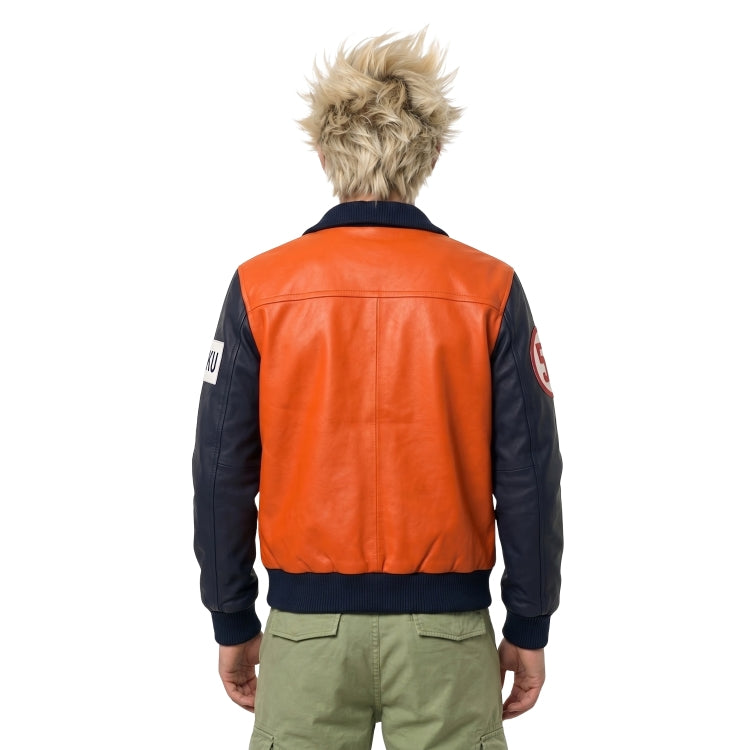 Person wearing an orange and navy jacket on a white background