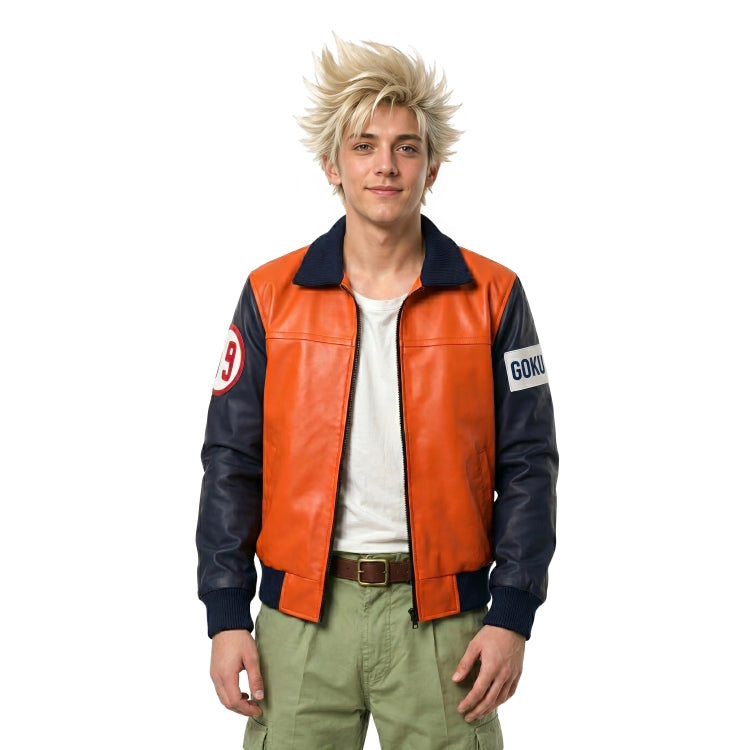 Person wearing a red and black jacket with 'GOKU' branding on a white background