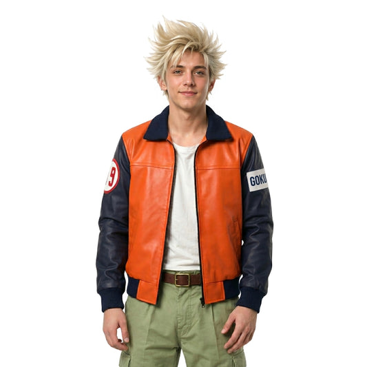 Person wearing a red and black jacket with 'GOKU' branding on a white background