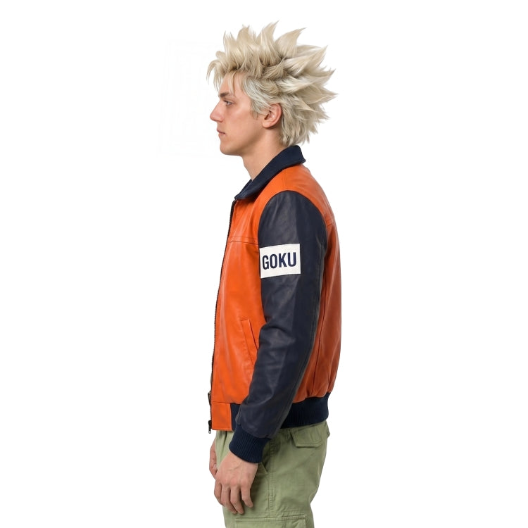 Person wearing an orange and navy jacket with 'Goku' printed on it, standing against a white background.