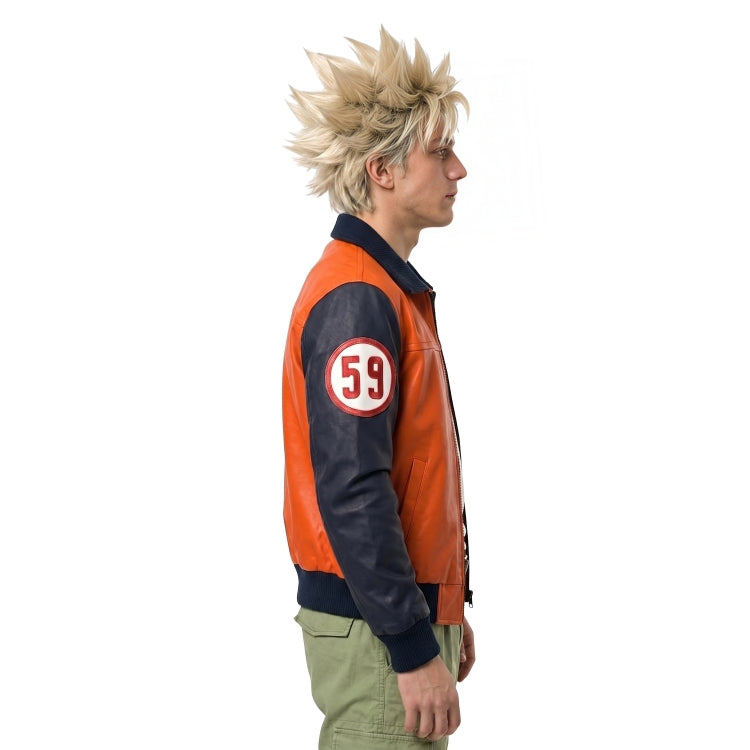 Person wearing an orange and navy jacket with a number 59 patch on a white background