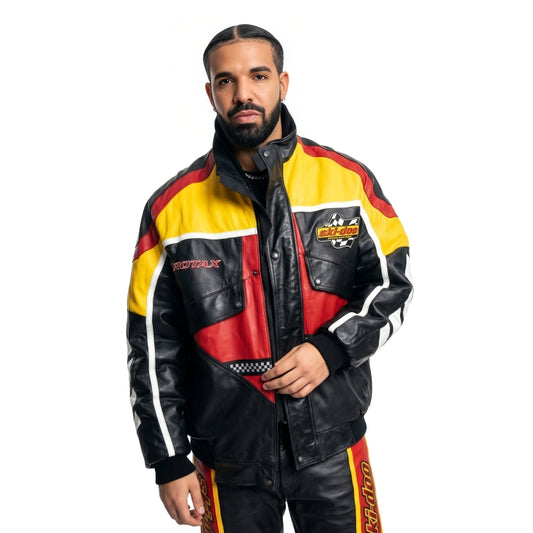Man wearing a colorful racing suit with visible branding on a white background