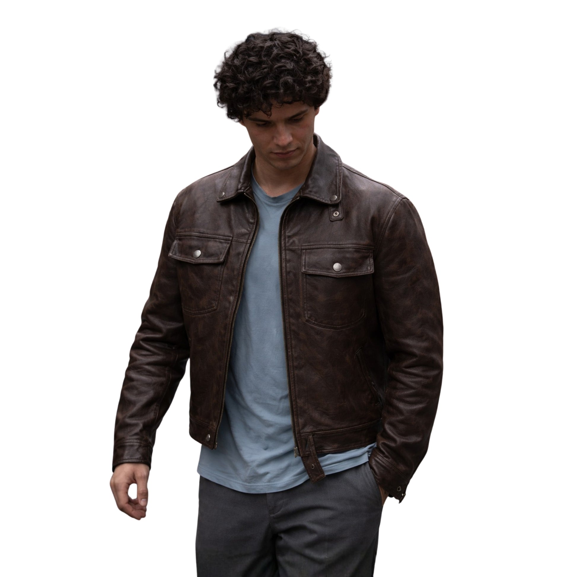 Man wearing a brown leather jacket on a white background