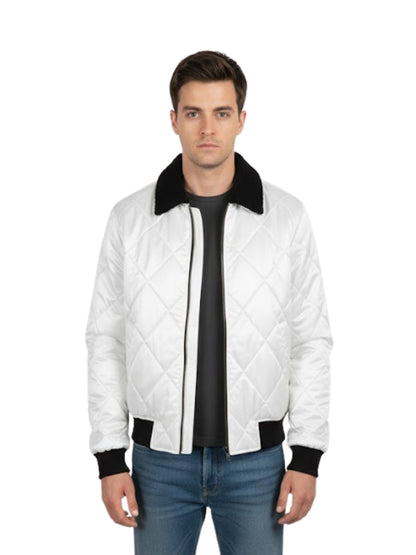 Man wearing a white quilted jacket with black accents on a white background