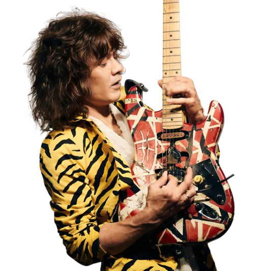 Person holding a colorful electric guitar against a white background