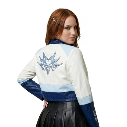 Woman wearing a white and blue jacket with a heart design on a white background