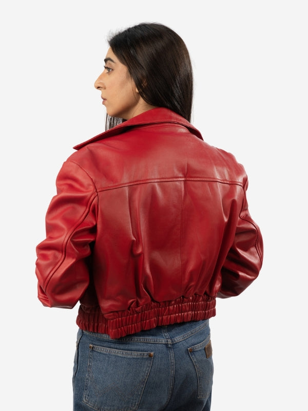 Women's Red Leather Cargo Bomber Jacket - Button-Down Style