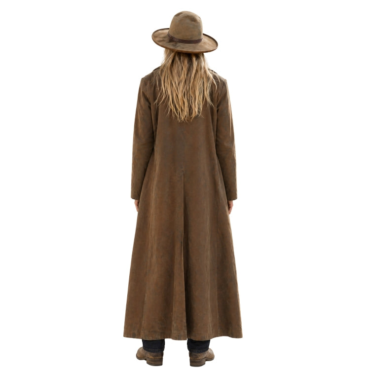 Person wearing a brown long coat on a white background 