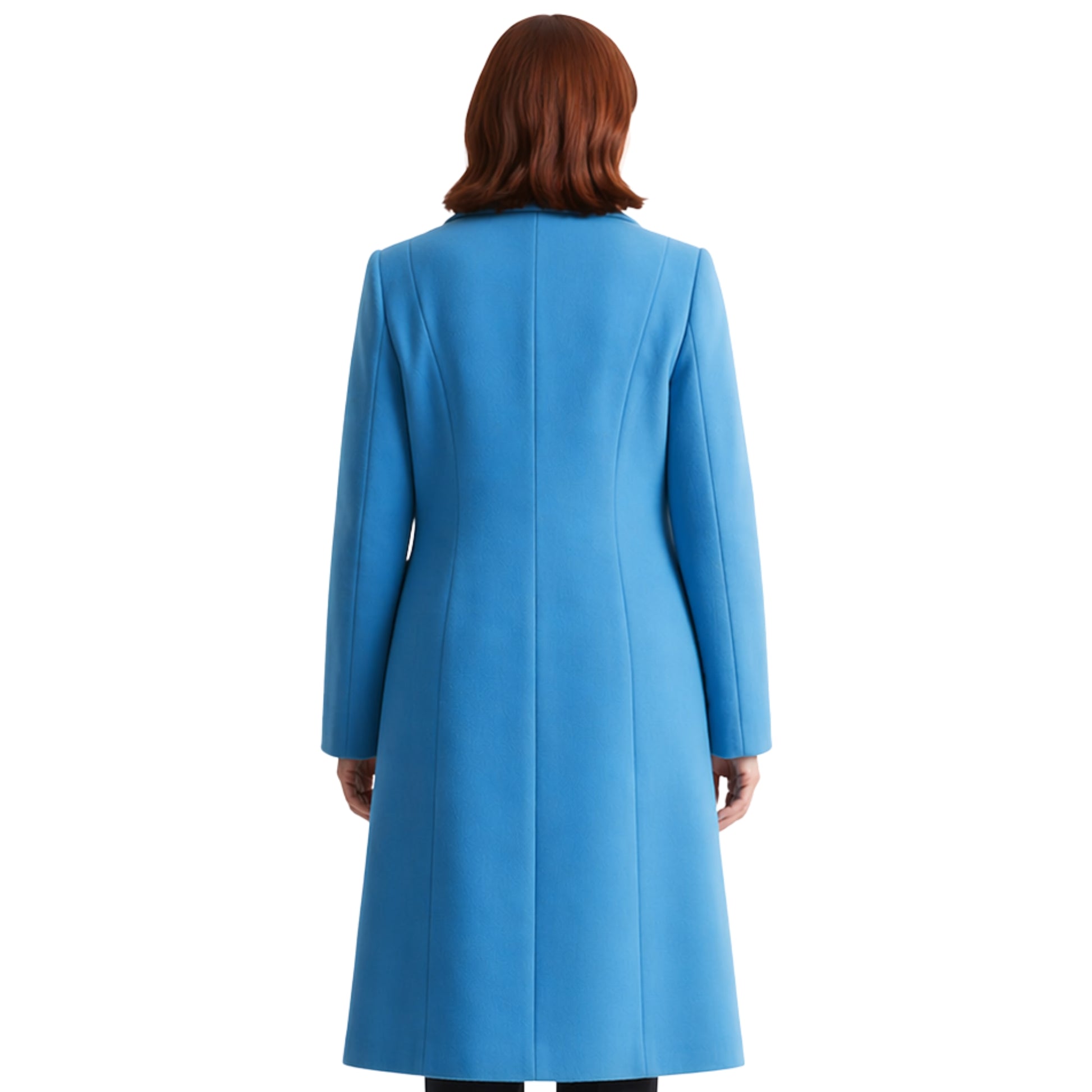 Woman wearing a blue coat on a white background