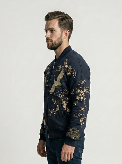 Men’s Navy Crane Embroidered Fleece Hoodie