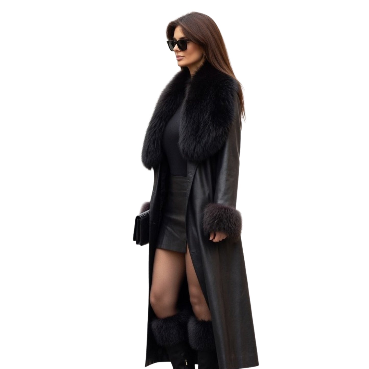 Emily Ratajkowski Leather fur black Coat