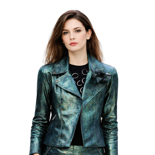 Woman wearing a green leather jacket on a white background