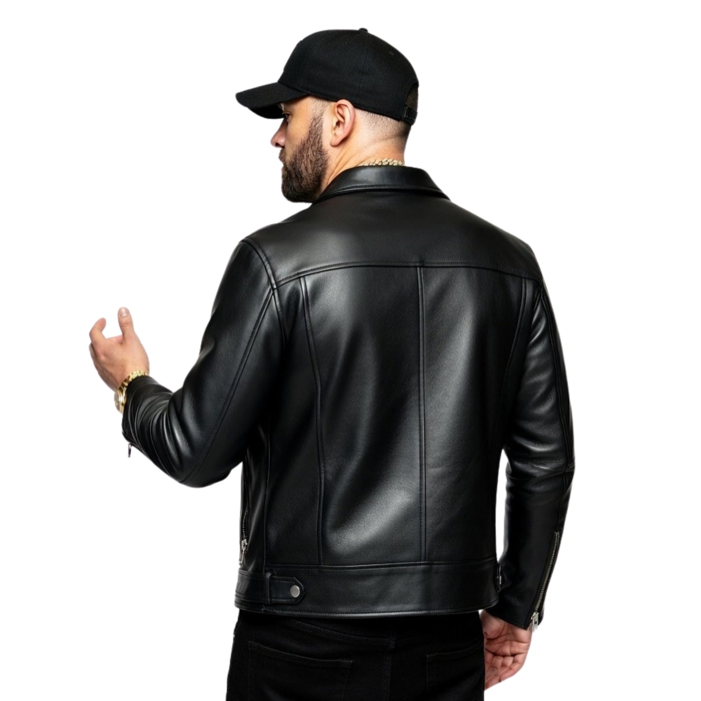 Man wearing a black leather jacket and cap on a white background