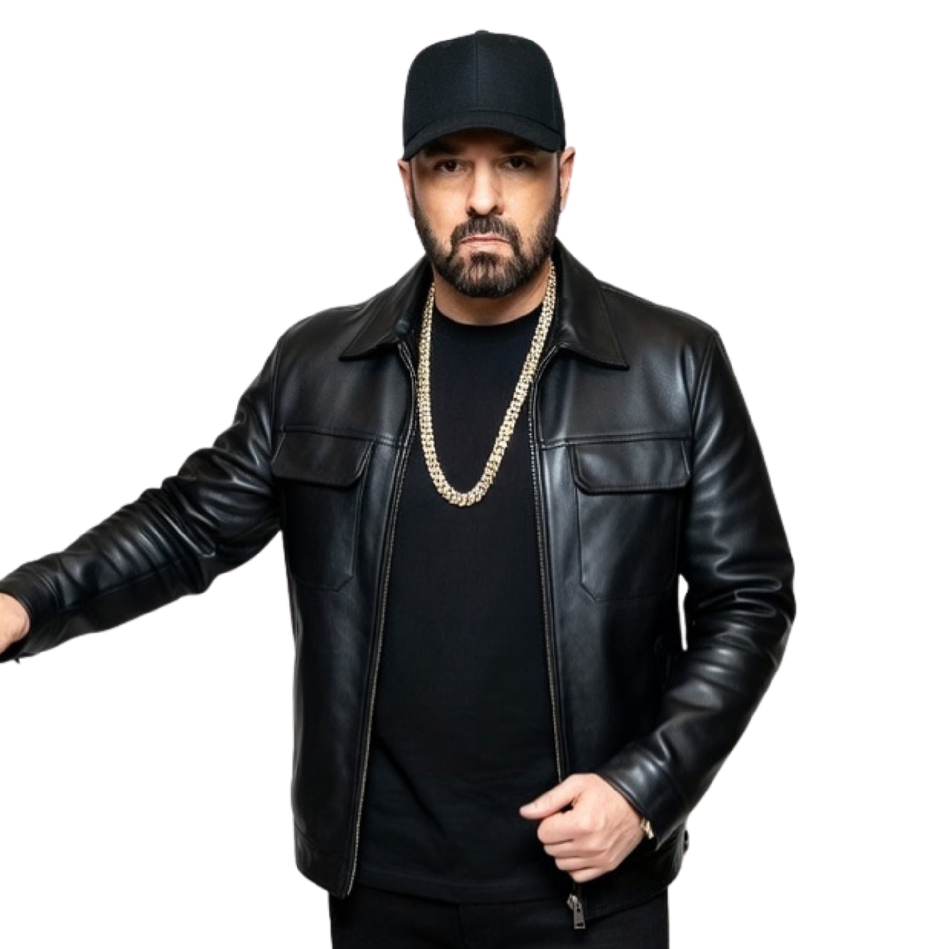 Man wearing a black leather jacket and cap on a white background