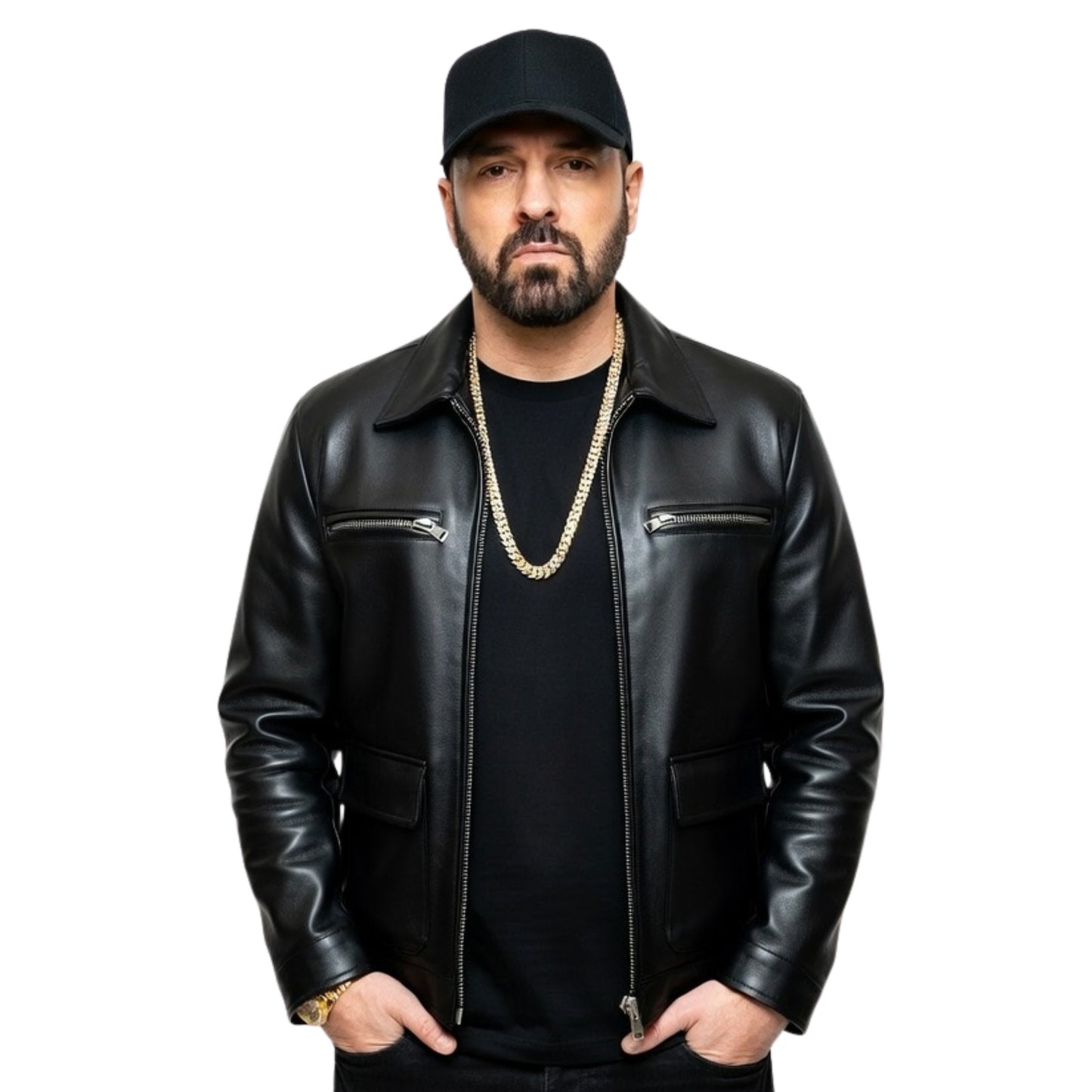 Man wearing a black leather jacket and cap on a white background