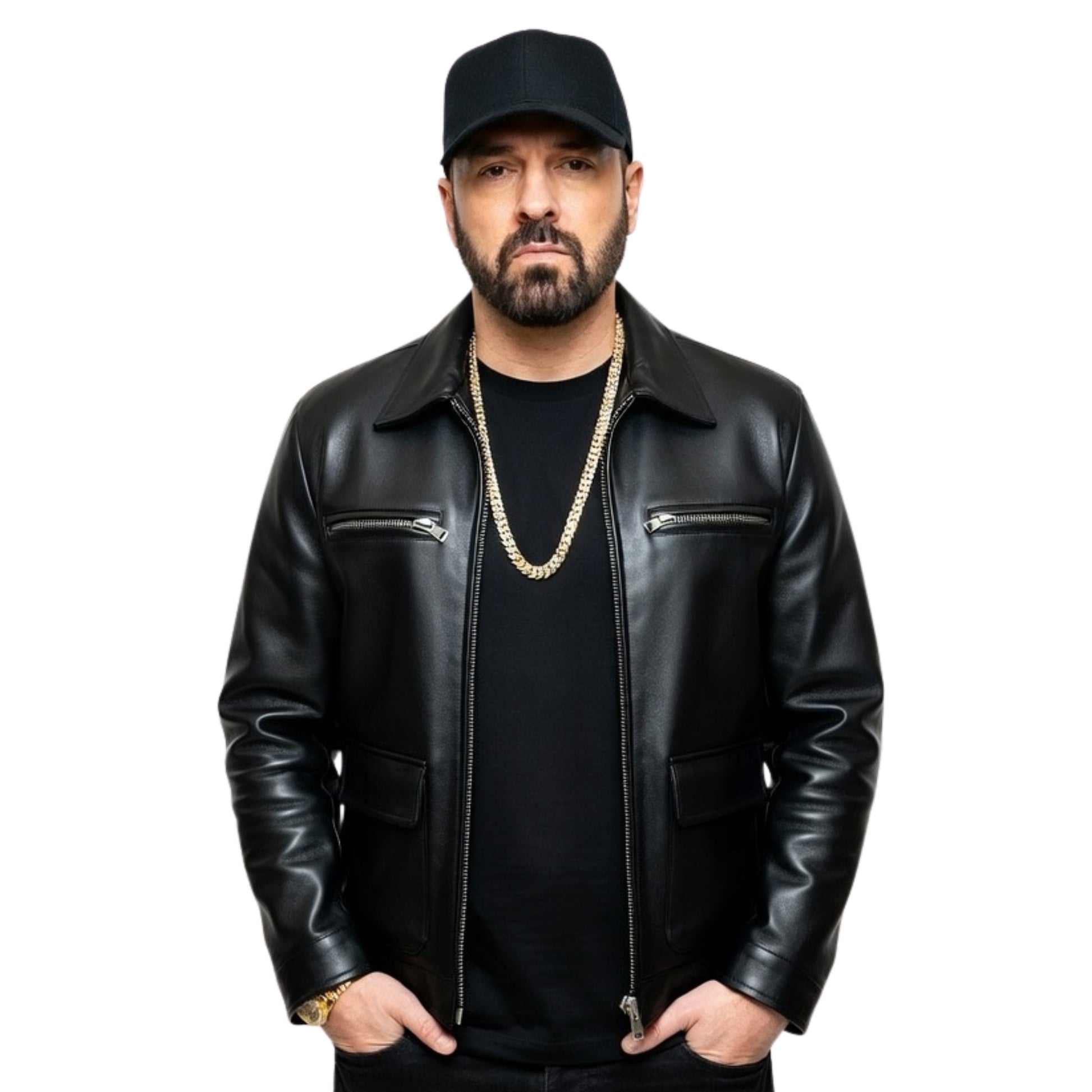 Man wearing a black leather jacket and cap on a white background