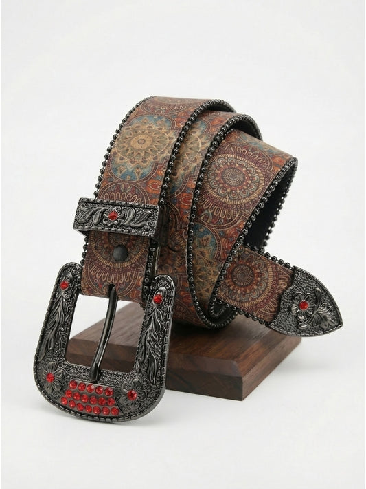 Decorative belt with intricate design and red gemstones on a white background