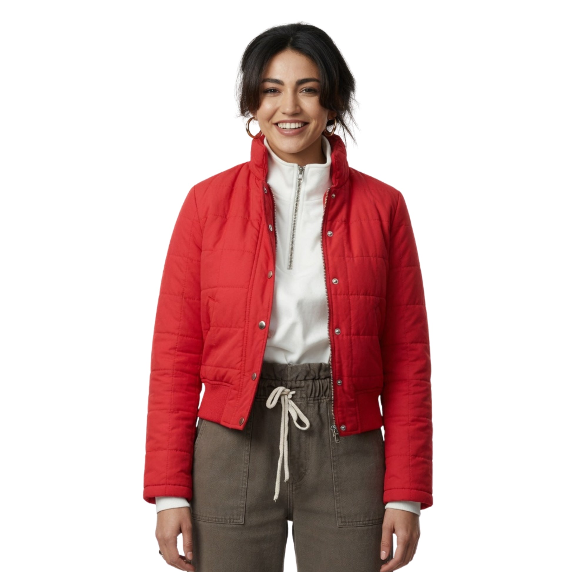 Woman wearing a red puffer jacket on a white background