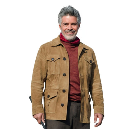 Man wearing a brown jacket over a red shirt on a white background