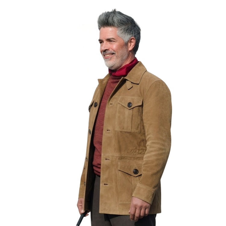 Man wearing a brown coat on a white background