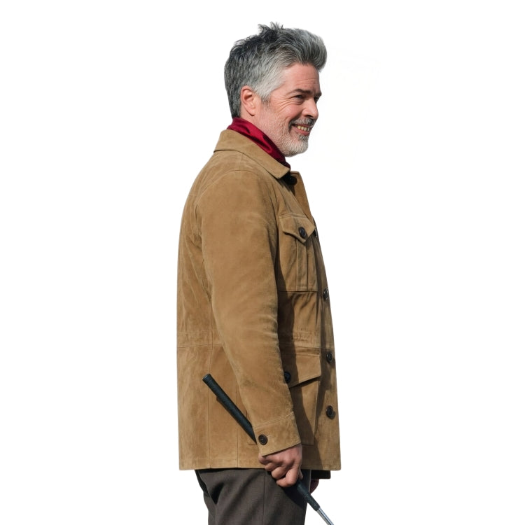 Man wearing a brown jacket with a white background