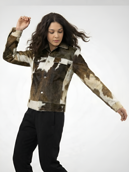 Woman wearing a cowhide patterned shirt on a white background