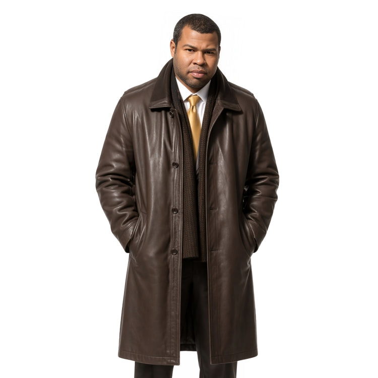 Man wearing a brown leather coat on a white background