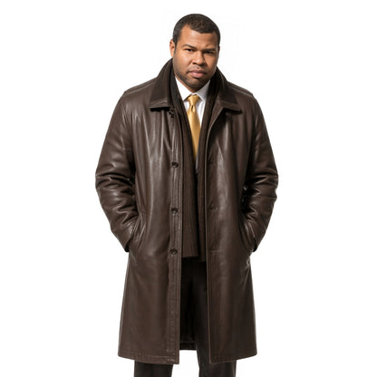 Man wearing a brown leather coat on a white background