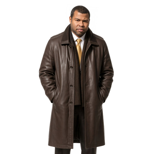 Man wearing a brown leather coat on a white background