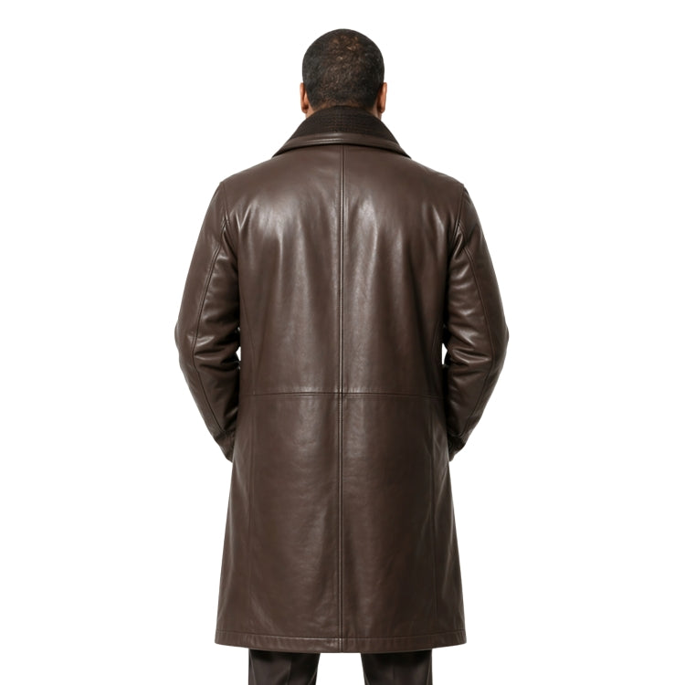 Man wearing a brown leather coat on a white background