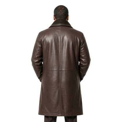 Man wearing a brown leather coat on a white background