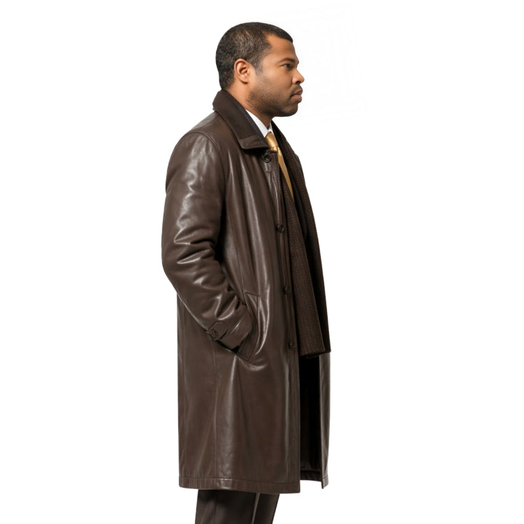 Man wearing a brown leather coat on a white background