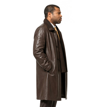 Man wearing a brown leather coat on a white background